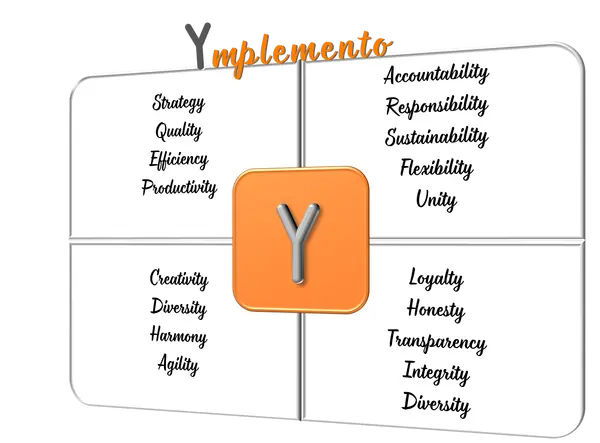 Ymplemento deriva dalla combinazione di molte parole La Y finale di molte parole legate alla strategia sono la prima lettera di Ymplemento per iniziare l'implementazione.